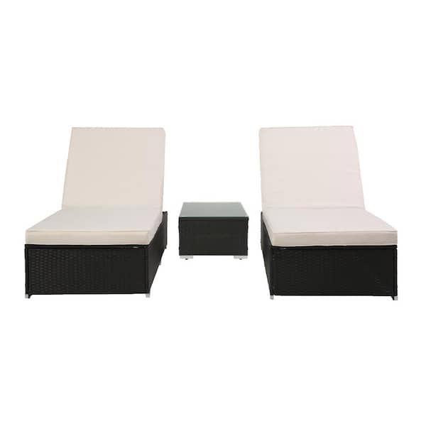 Willit 3-Piece Wicker Outdoor Chaise Lounge Chair Set with Functional Side Table, Reclining Backrest and White Cushions