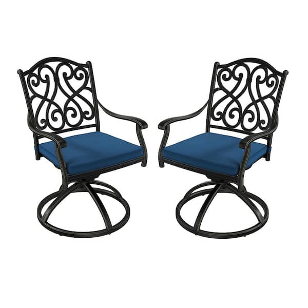 Mondawe Black Cast Aluminum Metal Outdoor Patio Stackable Retro Pattern Swivel Dining Chair with Blue Cushion for Yard (2-Pack)