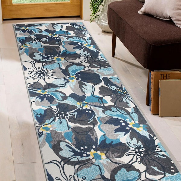 Contemporary Large Floral Non-Slip (Non-Skid) Gray 2 ft. 7 in.  x 8 ft.  Indoor Runner Rug