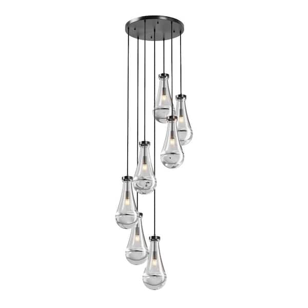 7-Light Black Pendant Light with Frosted Glass Shade, without light source