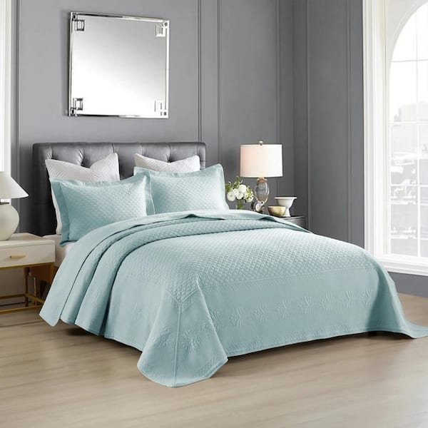 MarCielo TM107 Fishscale Embroidery King Size Cotton Oversized Bedspread Set Coverlet Set Lightweight Quilt Set