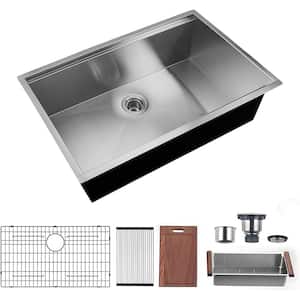 32 in. Undermount Single Bowl 18-Gauge Chrome Stainless Steel Kitchen Sink with Bottom Grids Cutting Board Colander