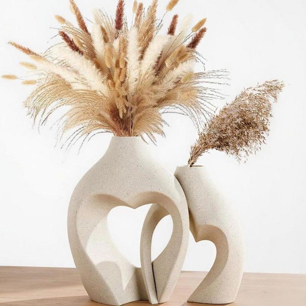 White Vases for Decor, Heart Shaped Ceramic Vase Set of 2 (8.3 in.+6.9 ...
