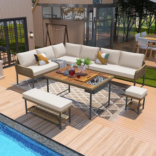 Unbranded Brown 6-Piece Metal Outdoor Sectional Set with Beige Cushions and Acacia Wood Table with Ice Box