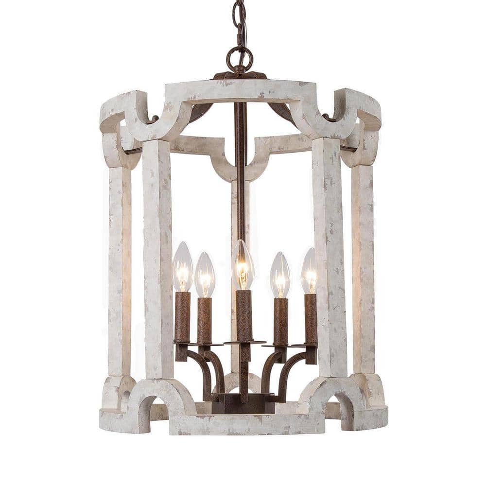 5-Light Distressed Weathered White Farmhouse Chandelier