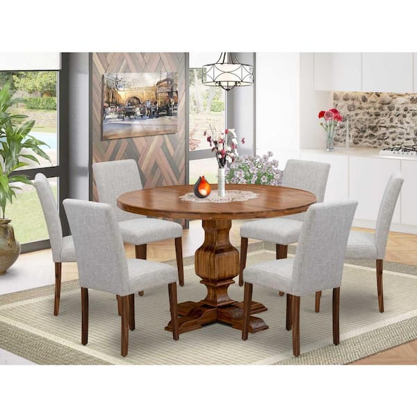 East West Furniture 7-Piece Natural Oak Finish Solid Wood Top Dining Table with 6-Parson Chairs with Lattice Back