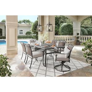 Wilshire Heights 7-Piece Cast and Woven Back All Aluminum Outdoor Dining Set with Acrylic Cushions in Sand Dune