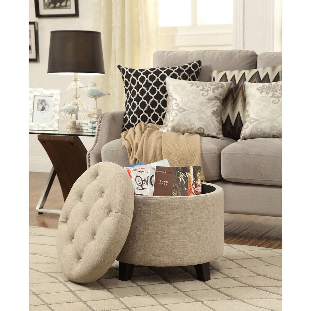 Tan Fabric Tufted Round Ottoman with Concealed Storage, 20"