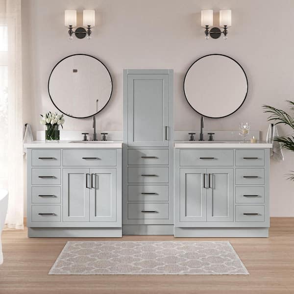 Hepburn 3-Piece 94 in. Wide Double Sink Bath Vanity And Linen Cabinet Set In Grey With Pure White Quartz Top
