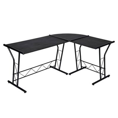 63 in. Black L-Shaped Wooden Computer Desk Corner Workstation Study Gaming Table Home Office with Metal Tubes