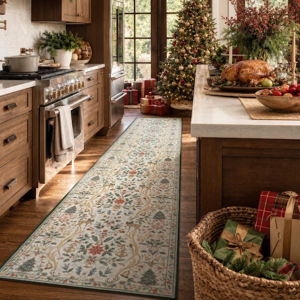 Vintage Christmas Woodland Floral Pattern Non Slip Beige 2 ft. x 10 ft. Living Room/Bedroom Indoor Area Rug