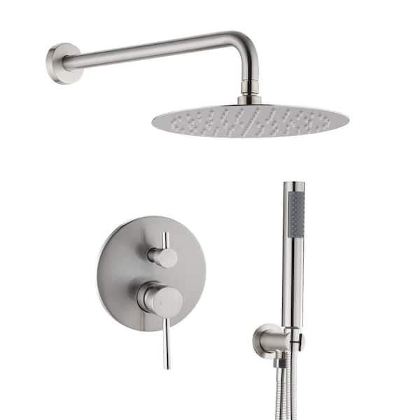 YASINU 2-Spray Patterns 10 in. Wall Mount Dual Shower Heads Round Rainfall Faucet in Brushed Nickel