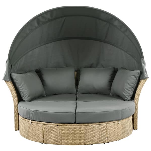 Sudzendf Wicker Patio Outdoor Double Day Bed Round Sofa Furniture Set with Gray Cushions and Retractable Canopy