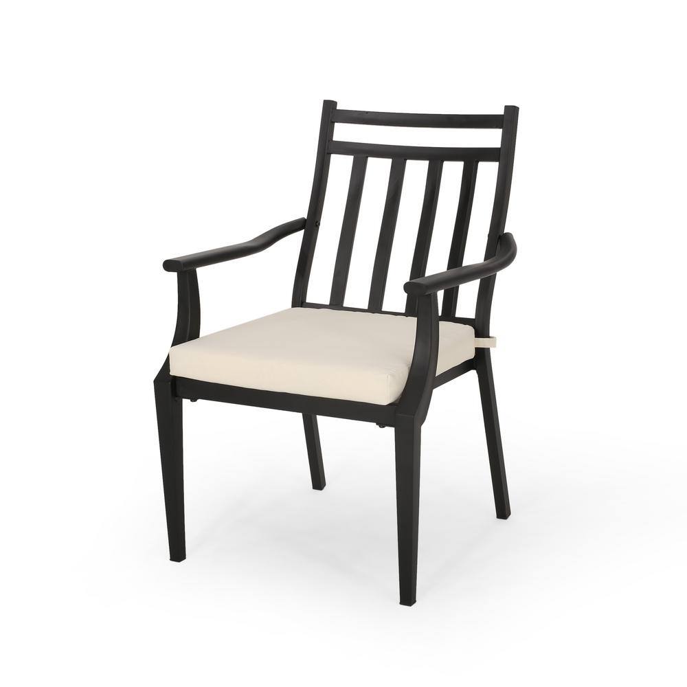 Matte Black Iron Outdoor Dining Chairs with Beige Cushions (Set of 2)