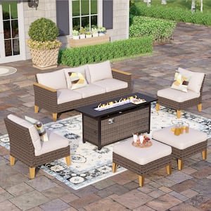 Brown Rattan Wicker 7 Seat 8-Piece Steel Outdoor Patio Conversation Set with Beige Cushions,Rectangular Fire Pit Table