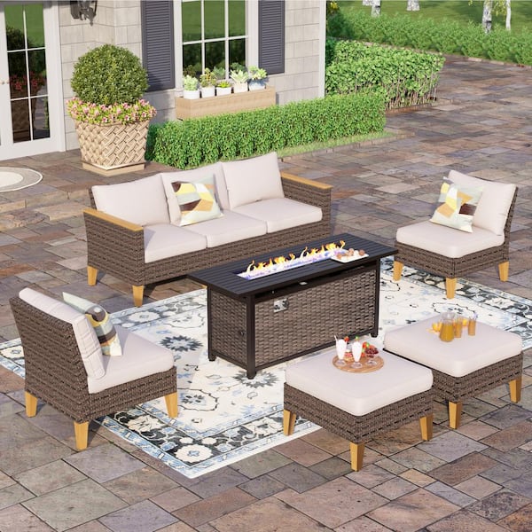 PHI VILLA Brown Rattan Wicker 7 Seat 8-Piece Steel Outdoor Patio Conversation Set with Beige Cushions,Rectangular Fire Pit Table