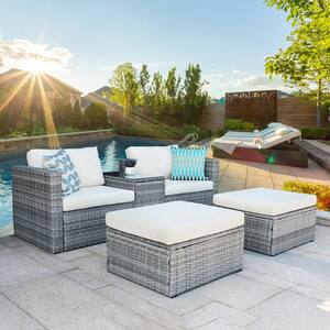 5-Piece Patio Conversation Set, Outdoor Garden Gray Wicker Rattan Sectional Sofa Set with Ottoman & Table, Beige Cushion