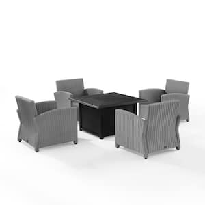 Bradenton 5-Piece Wicker Patio Fire Table Seating Set with Gray Cushions