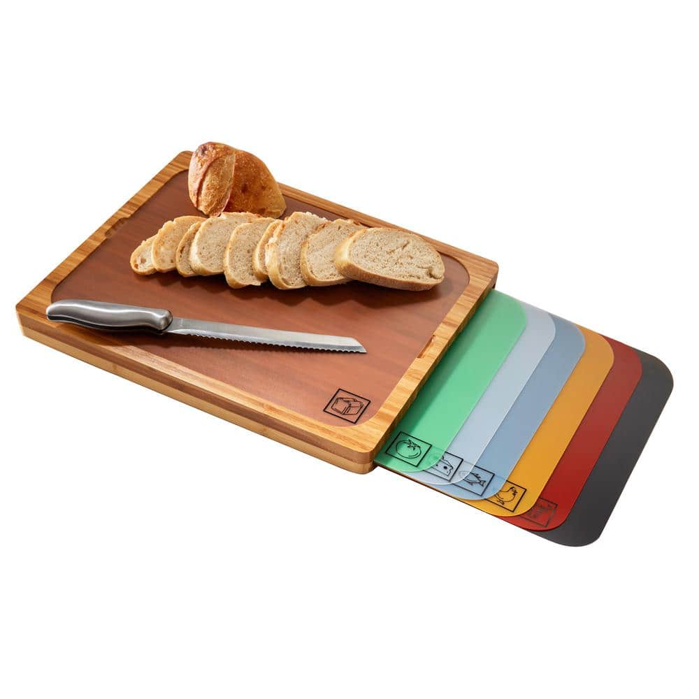 Bamboo Cutting Board with Color-Coded Flexible Mats Set