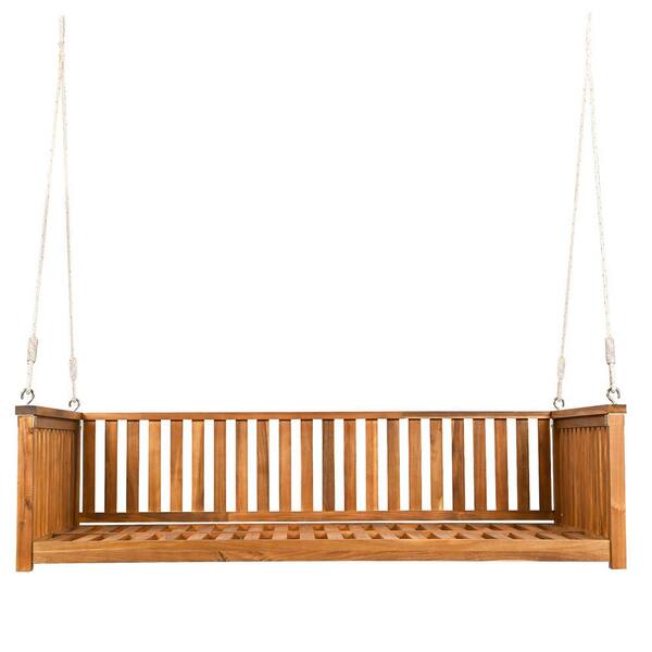 Topmax 350 lbs. 2-Person Teak Wood Porch Swing Bed with Ropes