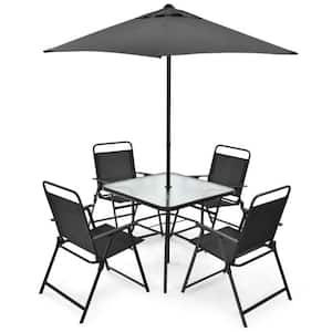6-Pieces Steel Outdoor Patio Dining Set with Umbrella in Gray