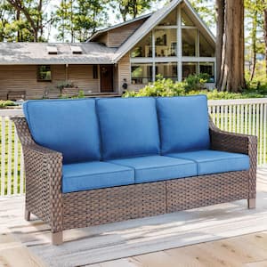 Brown Wicker Outdoor Couch, Rattan Wicker 3-Seat Sofa High Back Couch with Navy Blue Cushions for Backyard Porch