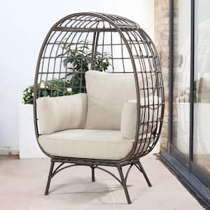 Patio Wicker Indoor/Outdoor Egg Lounge Chair with Beige Cushions
