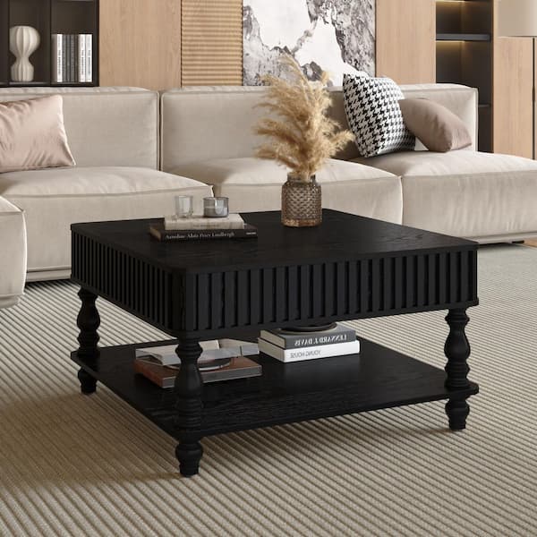 Esmaren 31.5 in. Black Square MDF Fluted Lift-Top Storage Coffee Table with Open Shelf Solid Wood Legs