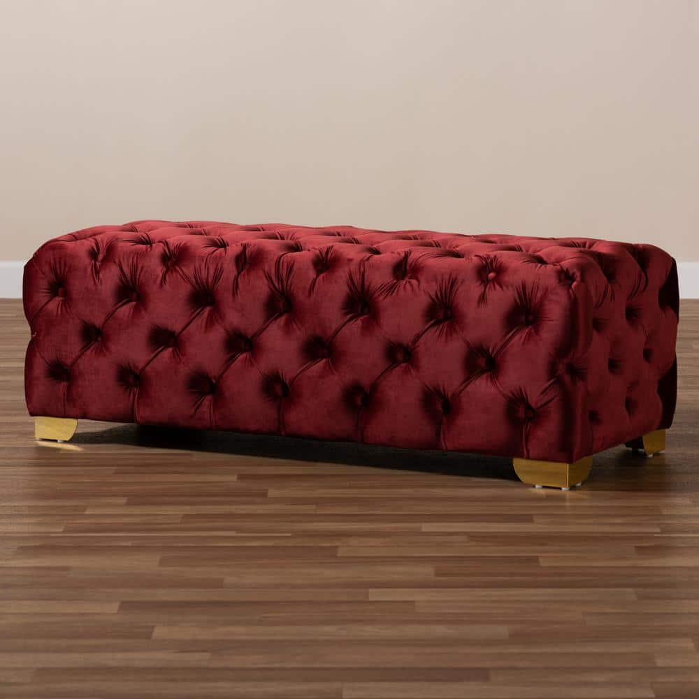 Avara Burgundy Velvet Button Tufted Bench Ottoman with Gold Legs
