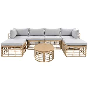 7-Piece Wicker Outdoor Sectional Set with Gray Cushions Coffee Table and Pillows Freely Combined Conversation Sets