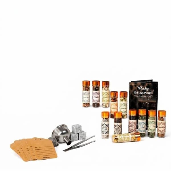 DIY Whiskey Infusion Kit with 12 Natural Botanicals, 2 Crystal Bottles, and Fine Mesh Strainer for Home