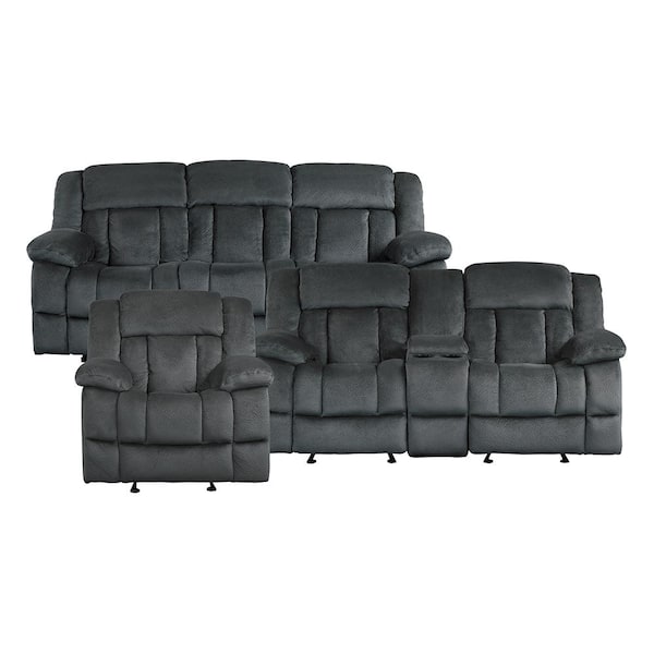 Lazzara Magnus 90 in. W. Pillow Top Arm Microfiber Rectangle 3-Piece Manual Reclining Sofa Set in Charcoal