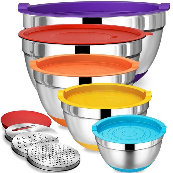 MutiColor Mixing Bowls with Airtight Lids Set, Stainless Steel Nesting Bowls with Grater Attachments, Silicone Botton