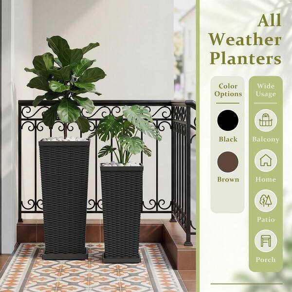 Tozey Rattan Texture Black Outdoor Resin Tapered Planter Set with