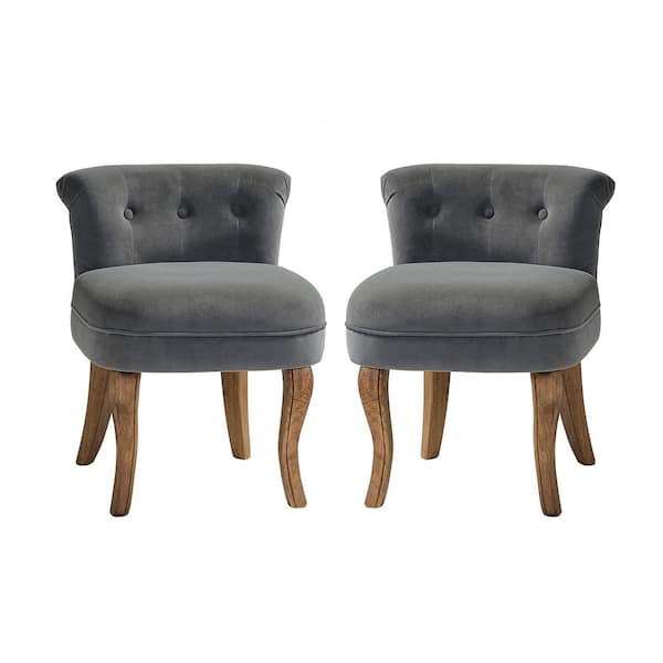 JAYDEN CREATION Nila Grey Vanity Velvet Upholstered Stool Chairs with Solid Wooden Legs (Set of 2)