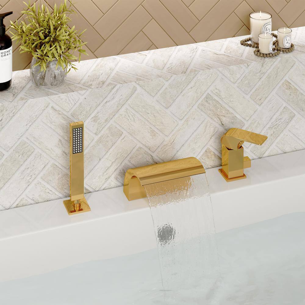 Gold Deck Mounted Waterfall Tub Faucet with Hand Shower