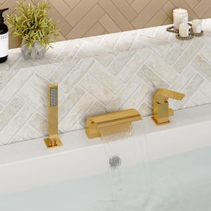 Single-Handle Tub-Mount Roman Tub Faucet with Hand Shower in Brushed Gold