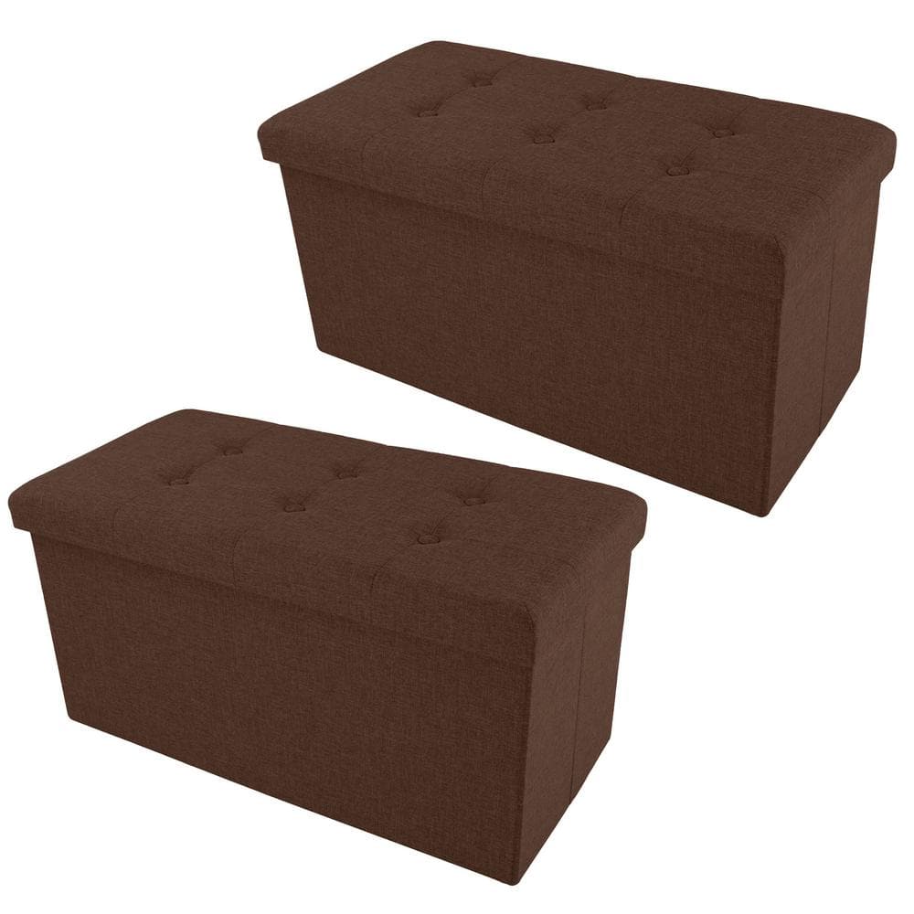 Brown Polyester Rectangular Storage Ottoman Set with Wood Frame