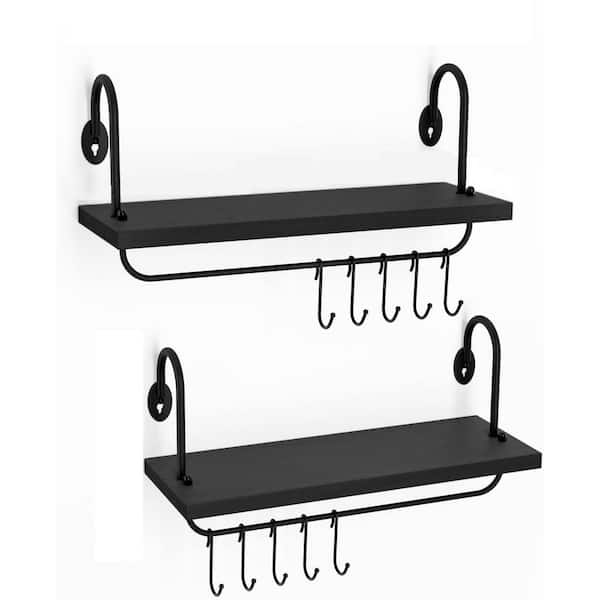 Unbranded 17 in. W x 5.9 in. D Black Floating Shelves with 10 Adjustable Hooks Decorative Wall Shelf Set of 2