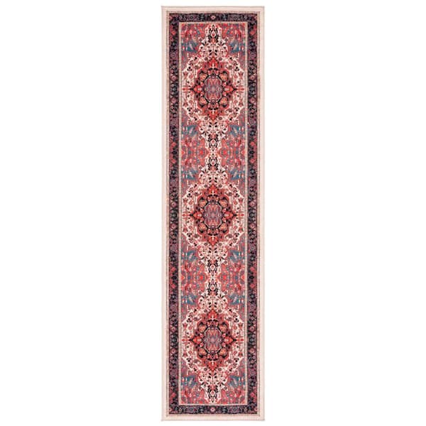 Riviera Ivory/Blue 2 ft. x 9 ft. Machine Washable Medallion Border Geometric Runner Rug
