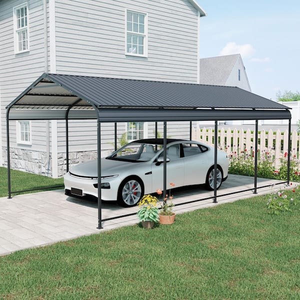 IMagacFun 12 ft. W x 21 ft. D x 8.5 ft. H Black Galvanized Steel Roof Metal Carport