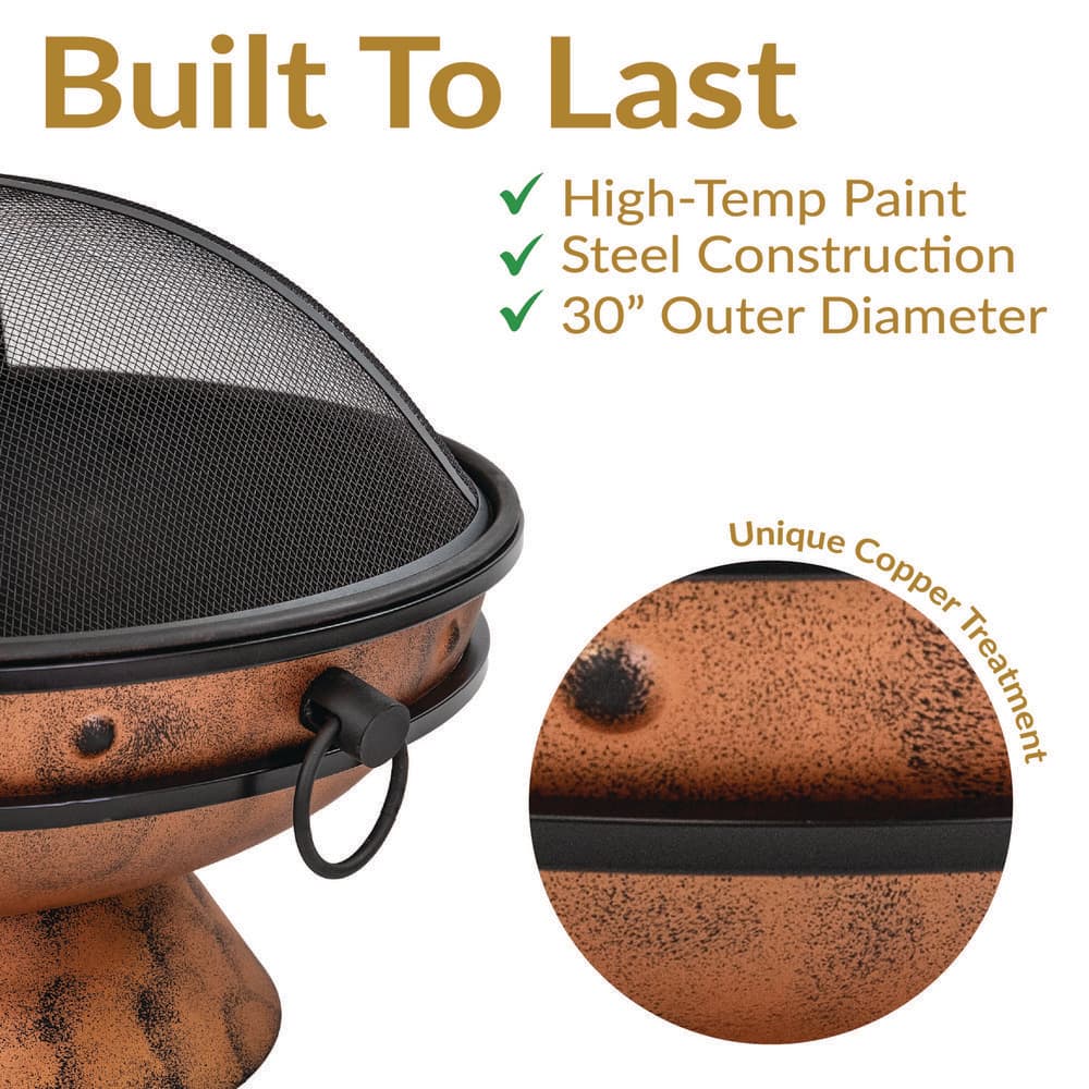 Copper Finish 30-Inch Round Wood-Burning Fire Pit with Handles