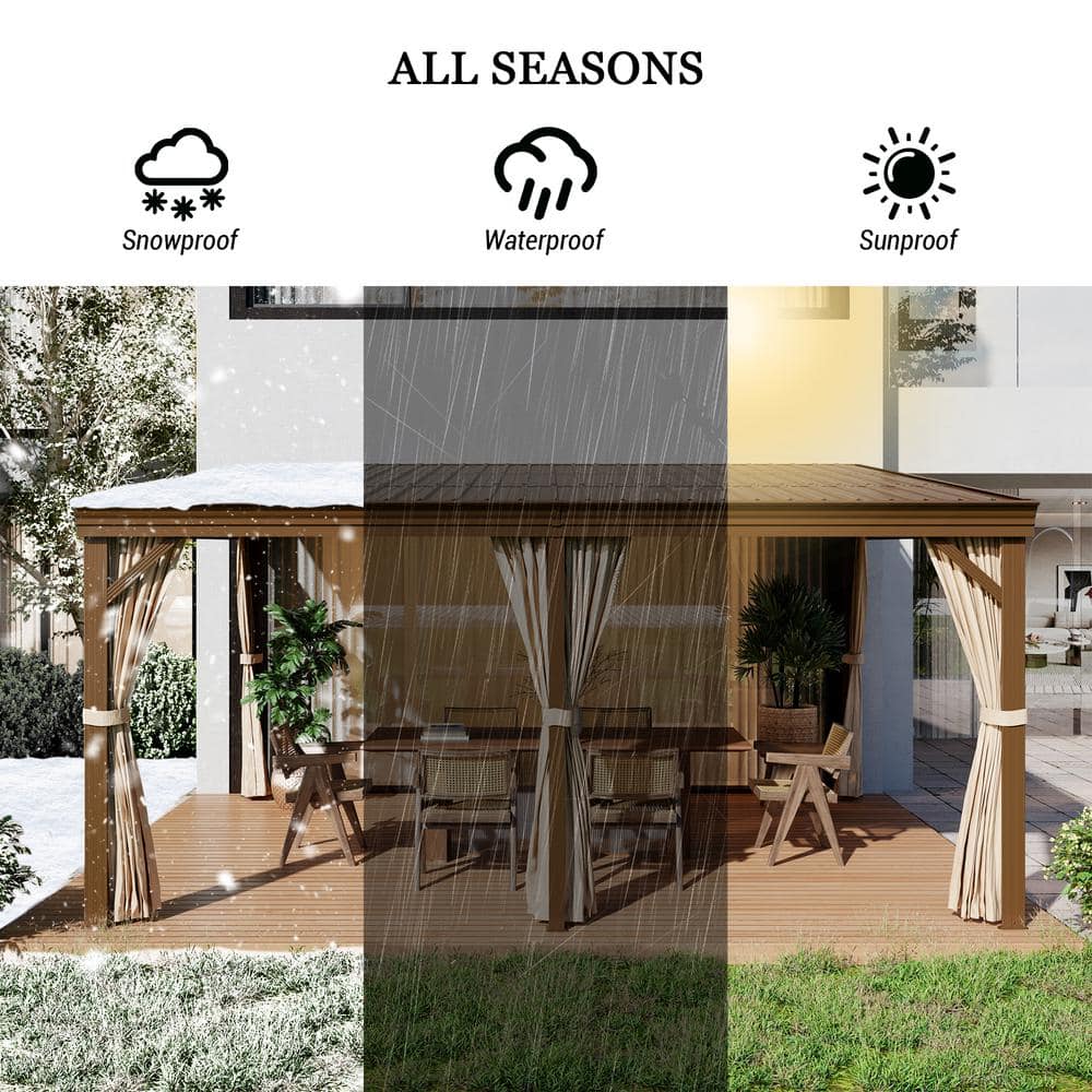Mondawe 12' x 16' Brown Aluminum Hardtop Gazebo with Curtains