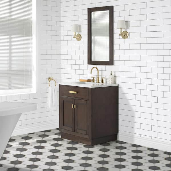 Chestnut 30 in. W x 21.5 in. D x 34.2 in. H Single Sink Bath Vanity in Brown Oak with Carrara White Marble Top