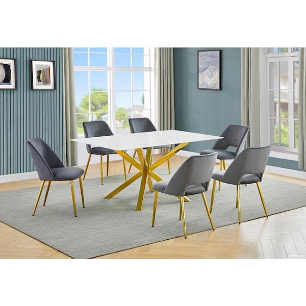 Best Quality Furniture Riley 7-Piece White Marble Wrap Glass Top Cross Leg Base Dining Set with 6 Dark Grey Velvet Fabric Chairs