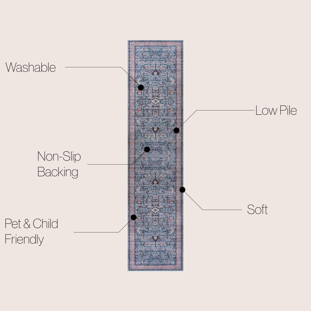 Kemer Persian-Inspired Washable Blue/Red/Brown Runner Rug 2' X 8'