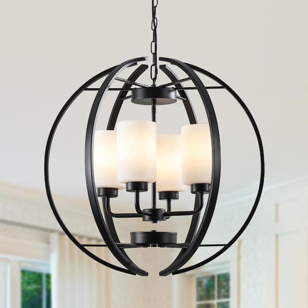 4-Light Black Modern Globe Pendant Light with Milk White Glass Shades Height Adjustable Chandelier for Dining Room