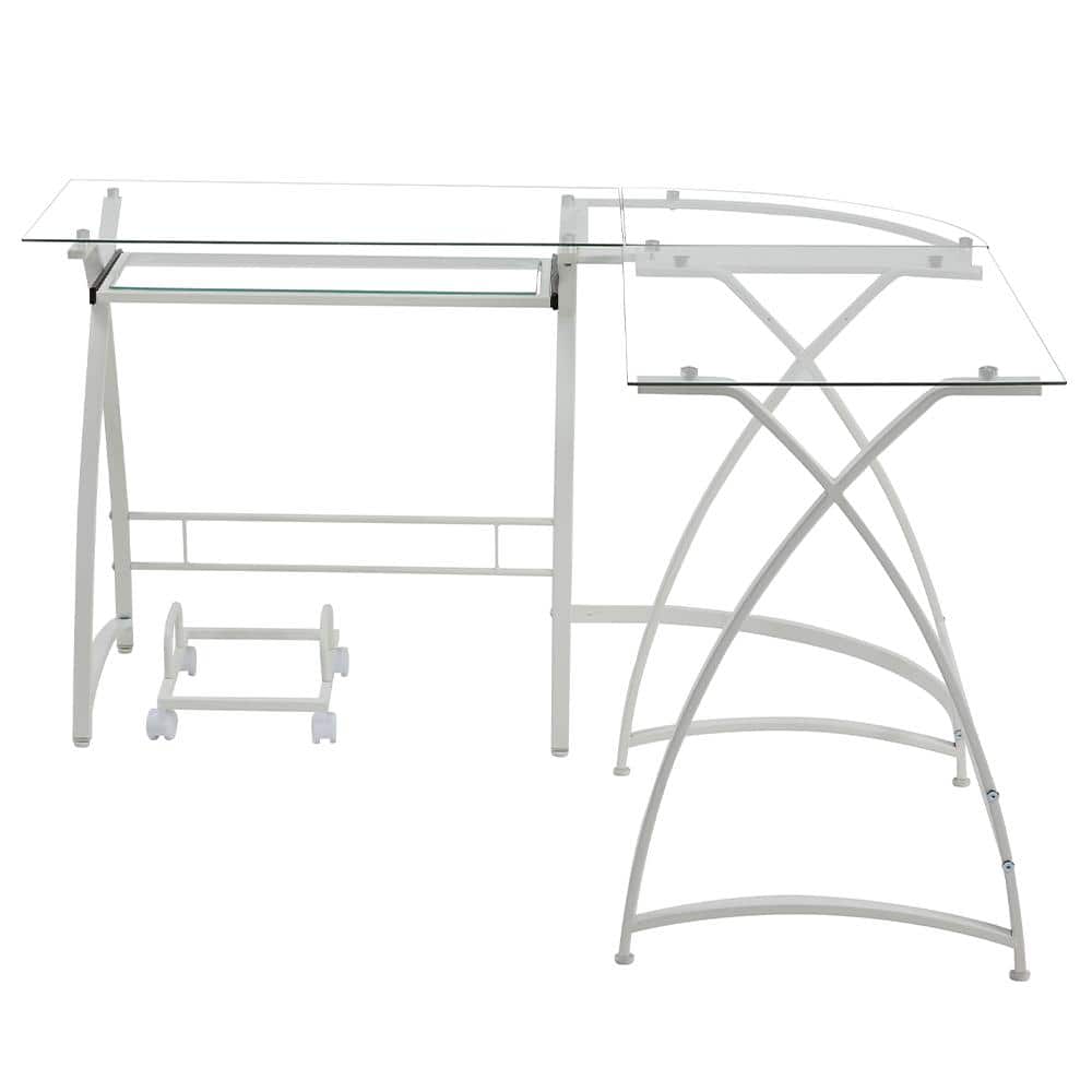 White L-Shaped Glass Computer Desk with Keyboard Tray