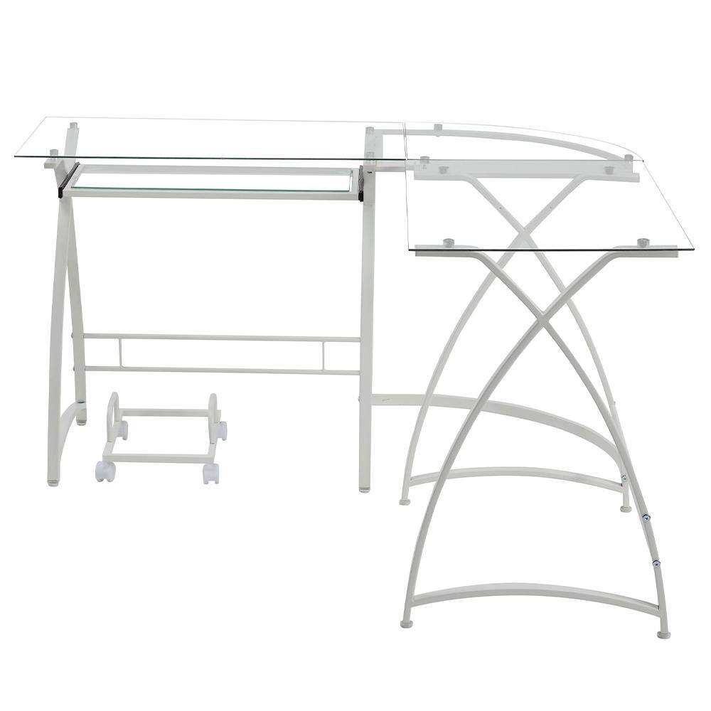 White L-Shaped Glass Computer Desk with Keyboard Tray