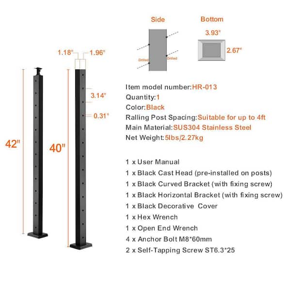 Cable Railing Post Level Deck Stair Post 42 x 0.98 x 1.97 in. Cable Handrail Post Stainless Steel Brushed Finishing Deck